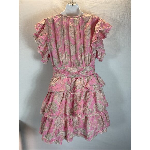 Olivaceous Dress size M Floral Tiered Cottage linen pink flounce flutter sleeve - Picture 5 of 13